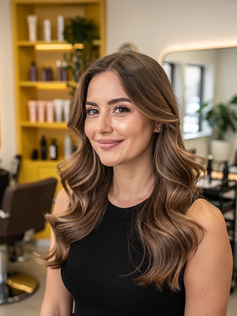 Warm Caramel Brown Wavy Long Layers without Bangs